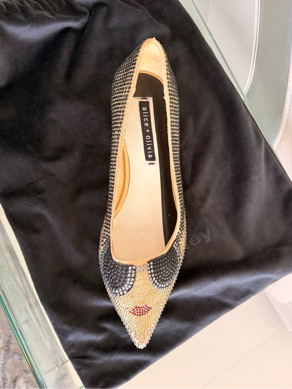Alice + Olivia Gold Crystal Embellished Pointed Flat with Black & Red Accents - Picture 4 of 5